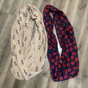 Lips and Boston terrier infinity scarves.
